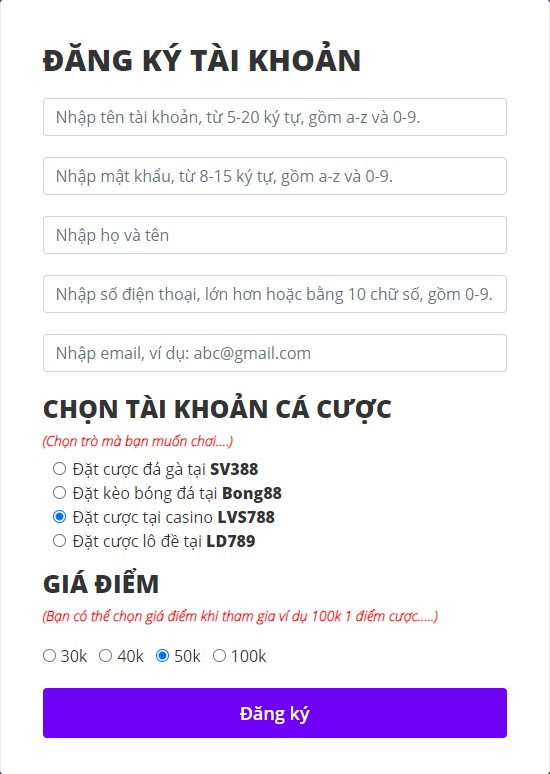 Đăng ký tài khoản chơi tài xỉu online uy tín